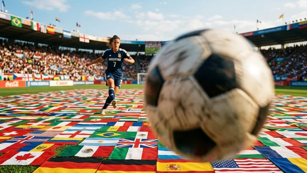 Ein Fußballer kickt einen Ball auf dem mit Flaggen besprühten Spielfeld